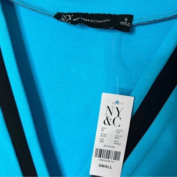 NEW NY&Co Turquiose and Piped Black Flare V Neck Dress Women's Size S - Picture 4 of 6